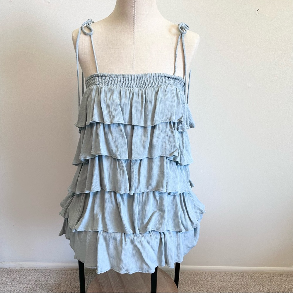 NWT Olivaceous Mint Green Tiered Ruffle Shoulder Tie Mini Sundress Size Small